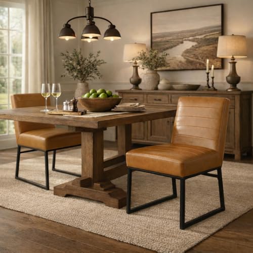Image of HomePop Channeled Metal Dining Chair - Caramel Brown Faux Leather (Single Pack)