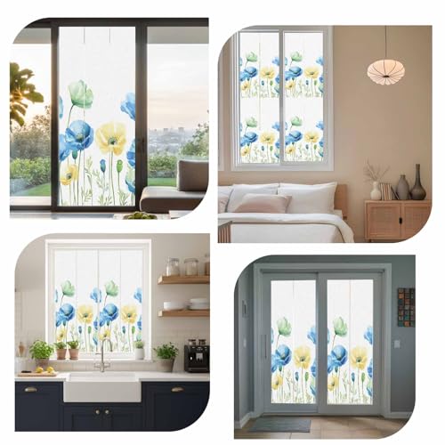 Vinilo para ventana opaco con flores acuarela azul y amarillo 18x40 pulg miniatura 7