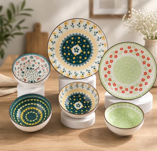 Image of Ceramic Dinner Set with Gift Box, 6 Pieces, Premium Porcelain Floral Dinnerware Set, Microwave & Dishwasher Safe, Serving Set for Home, Kitchen, Housewarming Gift (Multi-Colored, Pack of 6)