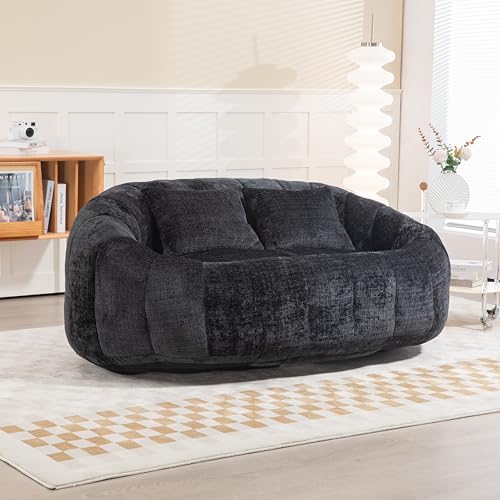 SmartEdge Double Bean Bag Chair Lazy Sofa, Bean Bag Chair for Adults Chenille Bean Bag Couch Floor Sofa with 2 Pillows, Oversized Lounger High Back Bean Bag Chair Couch for Bedroom, Black