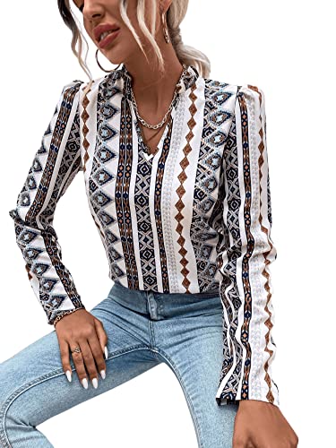 Floerns Women's Frill Trim Notched Neck Puff Long Sleeve Printed Blouse Top White Tribal L #TOP3