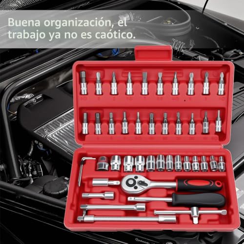 Miniatura 4 de Xxinxrong Juego De 46 Llaves De Vaso De 1 4 Pulgadas, Caja De Carraca, Juego De Puntas Multidentado, Con Cierre Rápido Y Carraca Reversible Para Reparación De Coches Y Casas Rojo