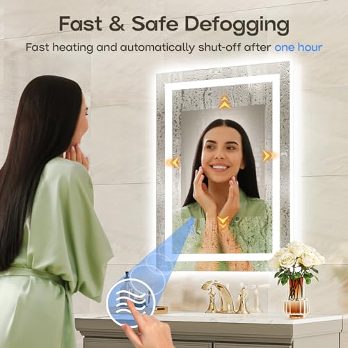 USHOWER LED Bathroom Mirror 24x32 Inch Tempered Glass - Frameless LED Backlit Lighted Mirror for Bathroom Vanity with Anti-Fog, 3 Colors Dimmable, Memory Function, Wall-Mounted - Image 5