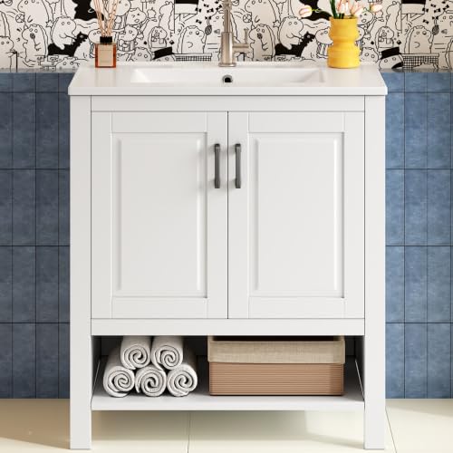 Lavabo independiente con espacio de almacenamiento varios y lavabo de cerámica Moimhear 4