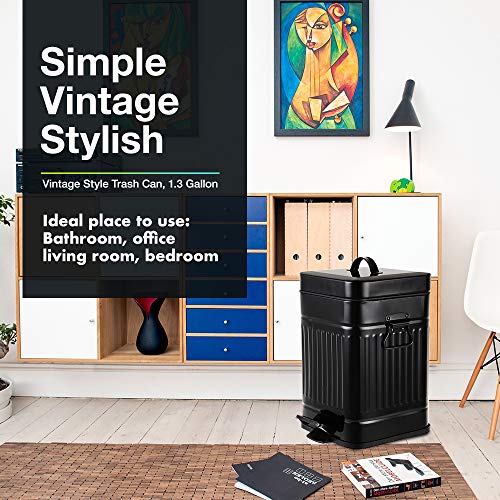 Image of Bathroom Trash Can with Lid, Small Garbage Bin for Home Bedroom, Retro Step Wastebasket with Soft Close, Vintage Metal Office Trash Can, 5 Liter / 1.3 Gallon, Glossy Black
