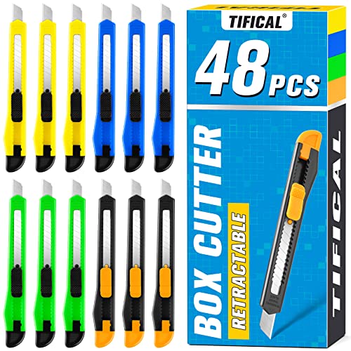 Image of 48 Pack 9mm Box Cutter Retractable Utility Knife, Razor Knife for Cartons, Box Opener, Disposable Exacto Knife for Home, School use
