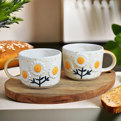 Image of Hoomi | Floral Daisy Design Sunflower Ceramic Coffee Mug Set of 2, Aesthetic Tea & Coffee Cups, Glossy Finish, Microwave & Dishwasher Safe, Bone Ash Free Drinkware for Home & Office
