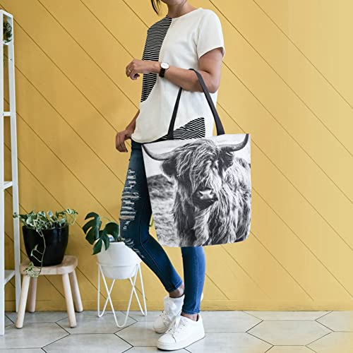 Mnsruu Black White Highland Cattle Cow Canvas Tote Bag Women Large Shoulder Bag Reusable Grocery Shopping Bag Handbag Girls Purse Gift - Image 2