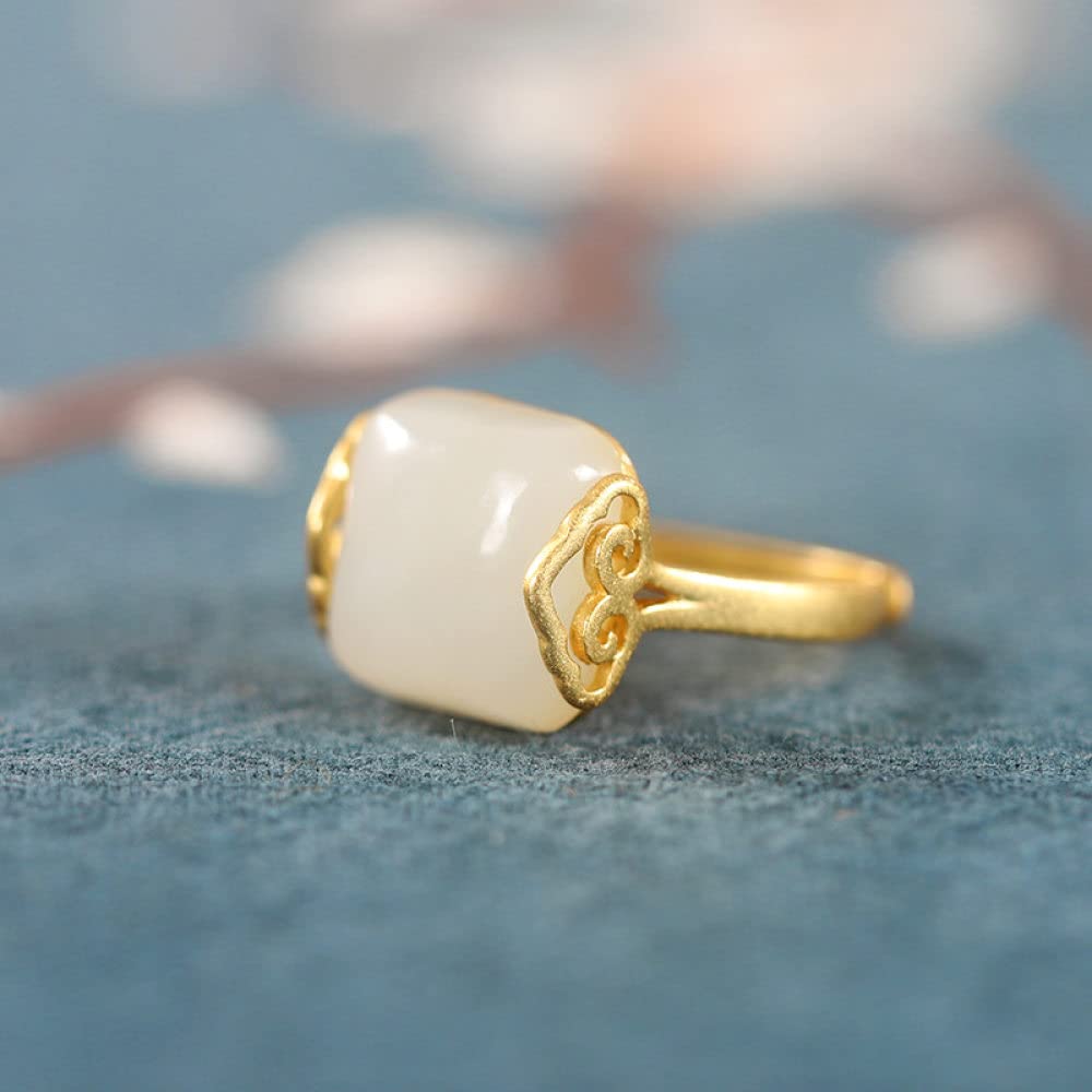 Anelli d'Argento,Anello Regolabile in Argento Sterling S925 Quadrato con Giada di Hetian Anello di Buon Auspicio Intaglio in Pietra Naturale FEDI Nuziali in Pietra Naturale Placcate in Oro Prometton