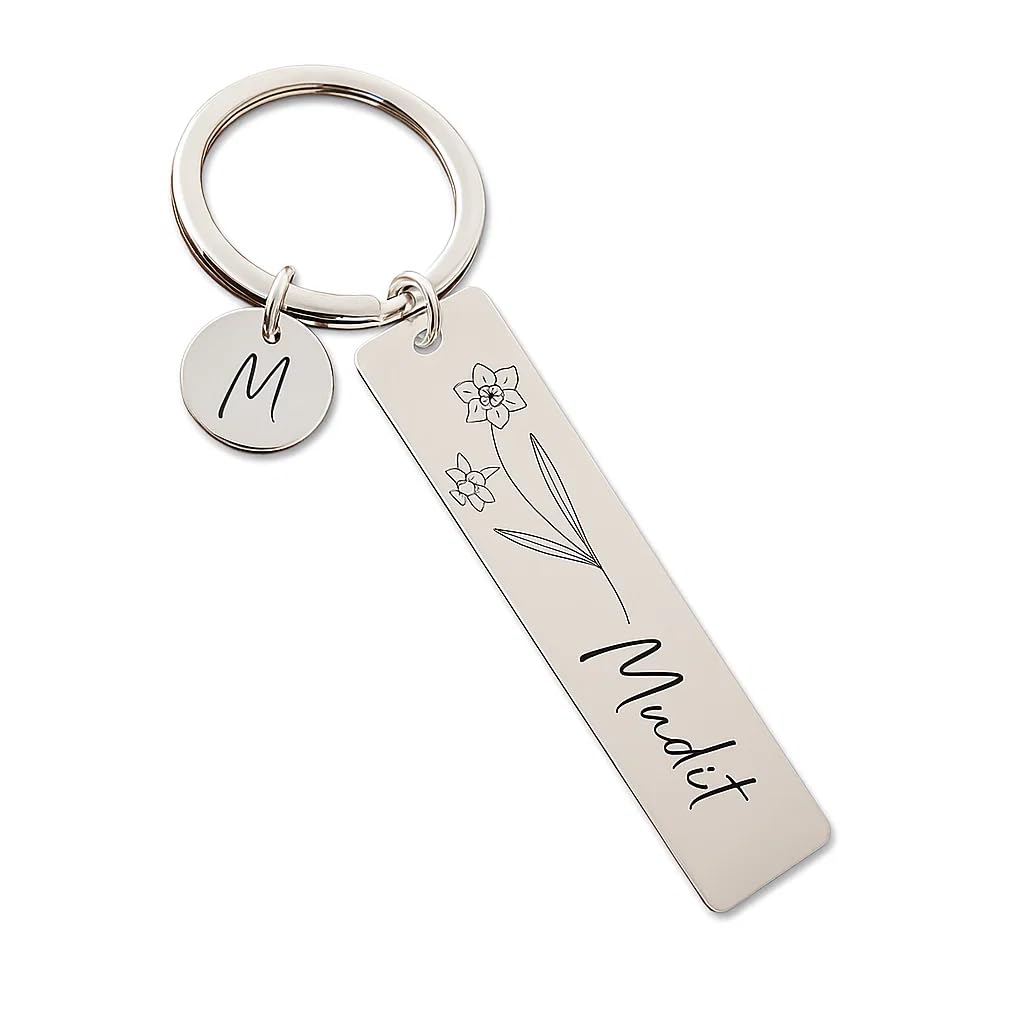 Personalized Stainless‑Steel Birth Flower & Name Keychain – Double‑Sided Engraving-image-19
