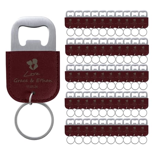 50 Pcs Décapsuleurs Personnalisés pour Cadeaux de Mariage, Ouvre Bouteille en Cuir, Porte-Clés Personnalisé, Logo de Texte Gravé, Bordeaux
