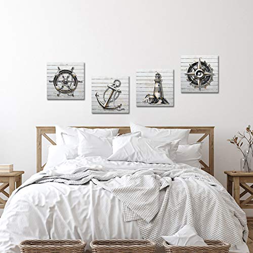 SkenoArt Nautical Themed Bathroom Art Wall Decor Black White Boat Anchor Paintings Helm Compass Print Lighthouse Picture Home Decor Sea Artwork Bedroom Living Room Ready to Hang - Image 5