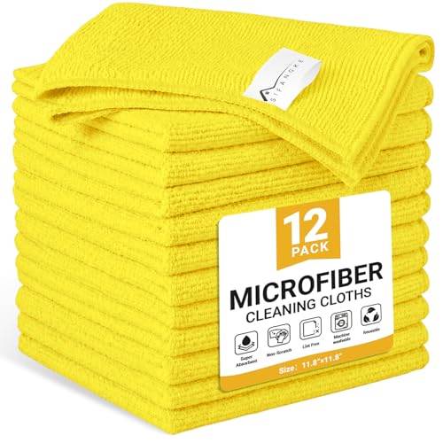 Image of SIFANGKE Microfiber Cleaning Cloth, 12 Pack Yellow Cleaning Rags for Housekeeping, Reusable Microfiber Towels for Car, Kitchen, Bathroom and Household Cleaning Supplies, 11.8 inchX11.8 inch