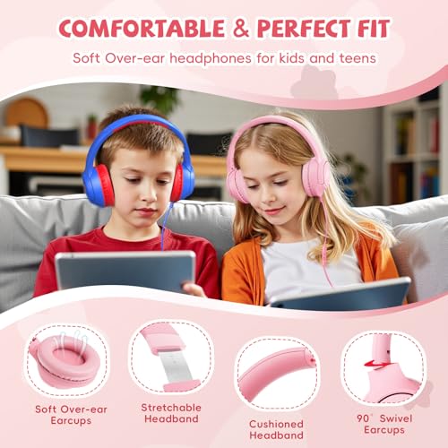 Image of USB C Headphones Wired for Kids, 85 /94dB Volume Limit With Mic, Pink | Kid Headphones for School, Wired Over Ear USBC Plug in Corded Headphones for Boys Girl Toddler, iPad, Tablet, Airplane Travel