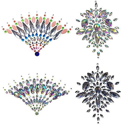 Body Gems Sticker Breast Jewels Tattoo Chest Mermaid Rhinestone for Women Face Acrylic Crystals Glitter Sticker Body Jewelry Stick On for Festival Holiday Party Rave Costumes & Makeup 4 Sets