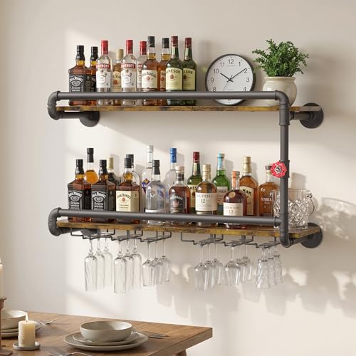 Merapi Rustic Wall Mounted Wine Rack with Stemware Holder, 2 Tier Floating Bar Shelf for Home Bar, Coffee Station, Kitchen Storage, Dining Room Wall Decor, Farmhouse Organization & Coffee Bar Decor