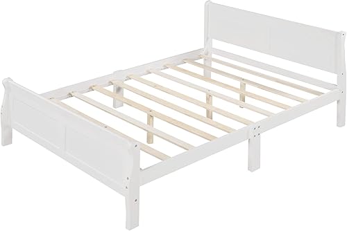 Miniatura 6 de MERITLINE Cama de plataforma tamaño Queen con cabecero, marco de cama de madera para niños, adolescentes y adultos, no necesita somier (blanco)