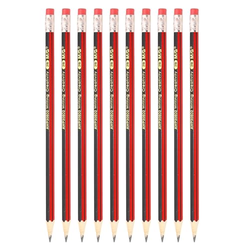 M&G Wooden Hexagonal Pencils 10 Pcs 2B Graphite Round Pencils with Eraser for Classroom & Office Red & Black