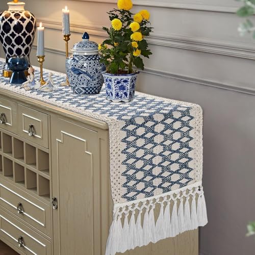 yuboo Blue and White Table Runner 48 Inch, Short Boho Woven Coffee Table Runner for Round Table, Coastal Farmhouse Dresser Scarf for Bedroom Nightstand, Spring Chinoiserie Decor