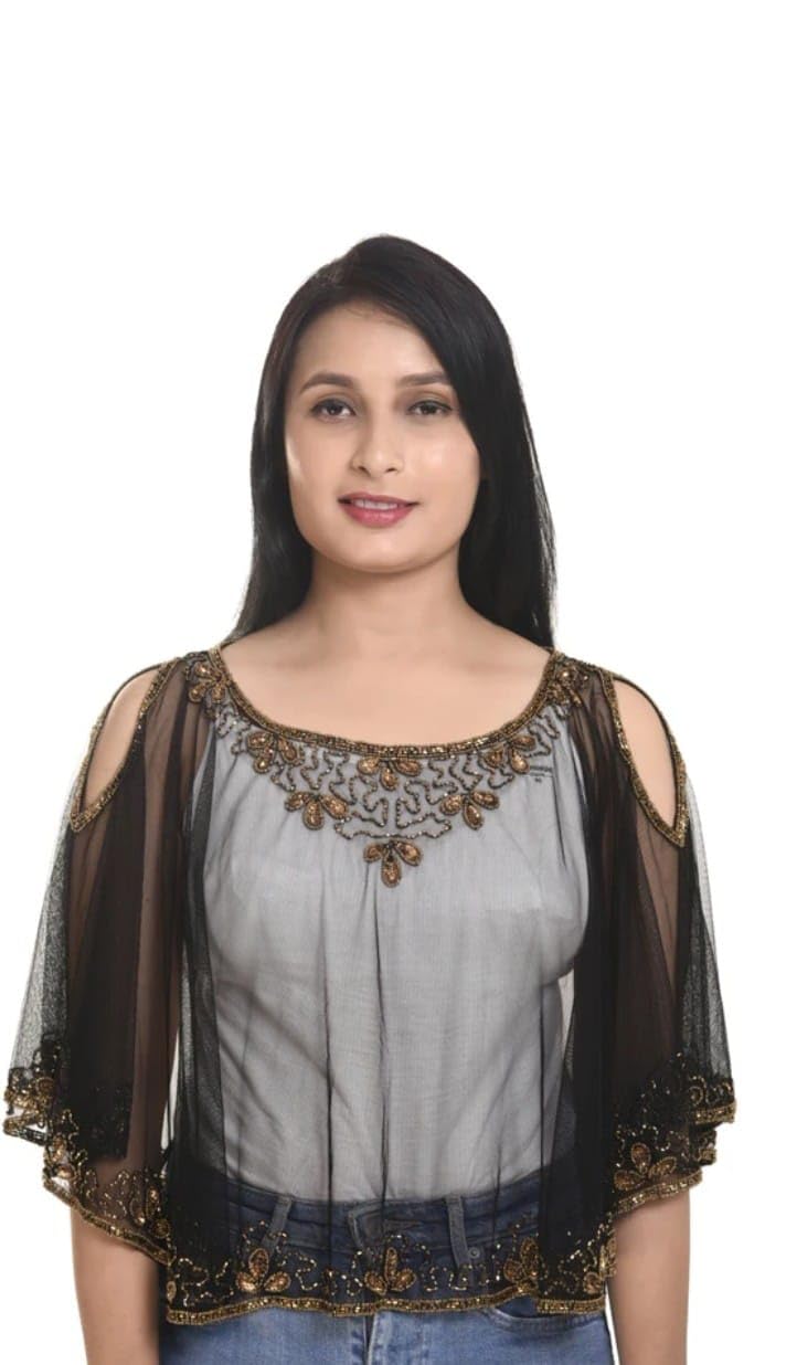 Women’s Sheer Embroidered Poncho Top – Cold Shoulder Cape Style Overlay | Lightweight Net Cape with Gold Detailing for Parties, Layering | Elegant Ethnic & Fusion Wear-picture-23