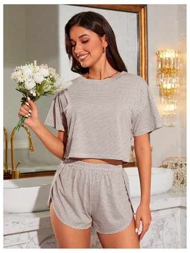 Image of OYOANGLE 2 Pack Pajama for Woman Set Summer Cute PJ Sets Striped Short Sleeve Tshirt and Split Shorts Lounge Set