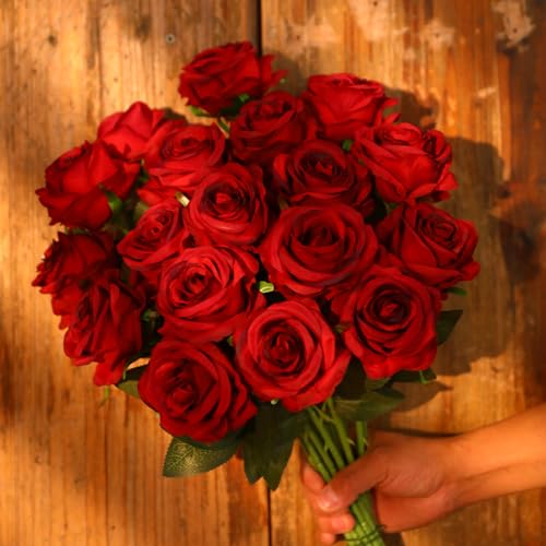 JUSTOYOU 20 PCS Burgundy Rose Artificial Flower,Silk Blooming Rose with Stem,Artificial Rose Bouquet Realistic Flower for Home Table Office Party Wedding Garden Arrangements(Blossom Roses Burgundy) - Image 2