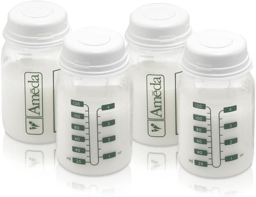 Breast Milk Storage Bottles Includes: (4) 4oz. Bottles with (4) 2-Piece Lock-Tight Caps, for Breast Milk Storage, Fits with Ameda Brand Pumps, Finesse & Most Standard Breast Pump Kits
