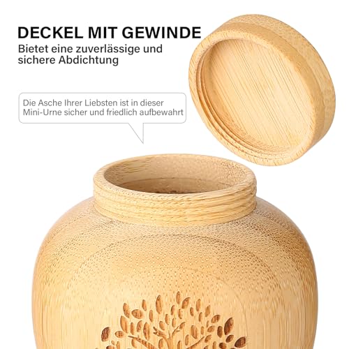 Kleine Urne für Menschliche Asche aus Bambus - Mini Andenken Mit Eingraviertem Lebensbaum-Muster für Menschen und Haustiere (Baum des Lebens, 1 Stück)
