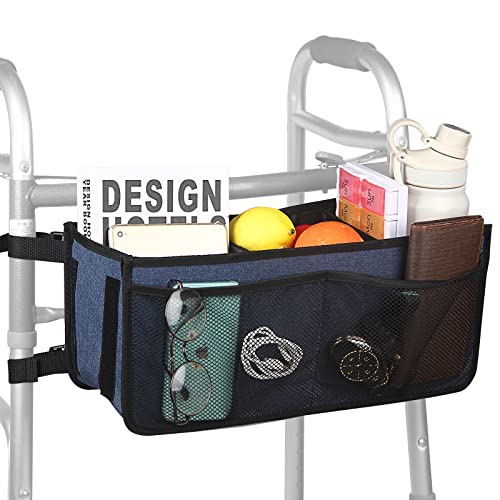 Walker Basket 折りたたみ式ウォーカーストレージバッグ 2つのスプリットボードと6つの滑り止めストラップ付き 大容量ウォーカーバスケットトートオーガナイザー 転倒しない高齢者に最適 ユニバーサルサイズ(ブルー)