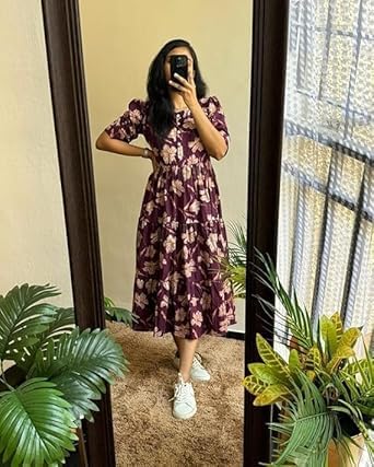 Image of Women's Rayon Floral Printed Midi Dress Short One Piece