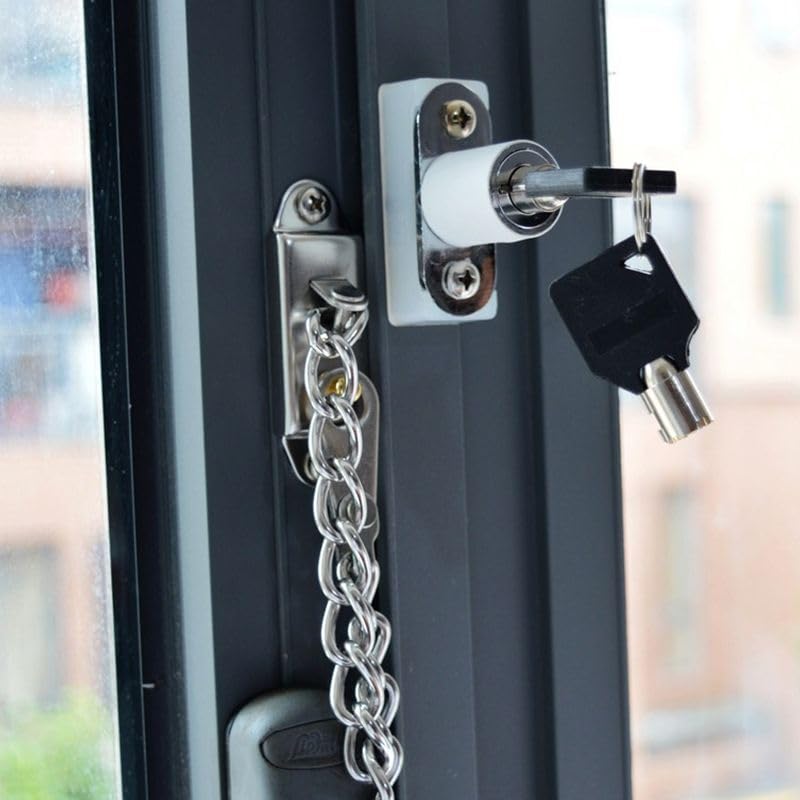TüRkette Fensterkettenschloss aus Edelstahl mit Schlüssel, Türbegrenzer, Kindersicherung, Sicherheitskettenschloss for Flache, offene Fenster ohne Bohren