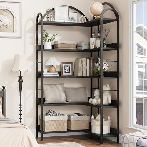GarveeHome Arched Bookshelf Corner Bookcase, L Shaped Bookshelf Industrial Corner Bookshelf, Large Bookcase With Metal Frame, Corner Shelf Corner Display Rack for Living Room Bedroom