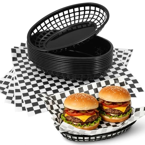 Rainmae Plastic Food Baskets with Parchment Paper Liners 12 Fast Food Baskets with 100 Deli Paper Sheets Bread Basket Candy Fruits basket Plastic Baskets Restaurant Baskets for Food - Retro Style