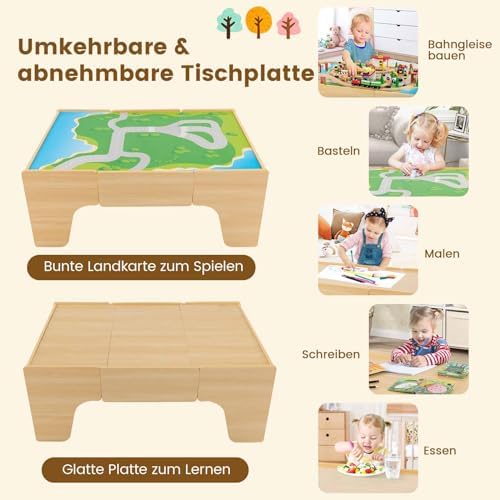 GOPLUS Holz-Spieltisch - 78-teiliges Eisenbahn-Set Mit Umdrehbarer Platte & Stauraum