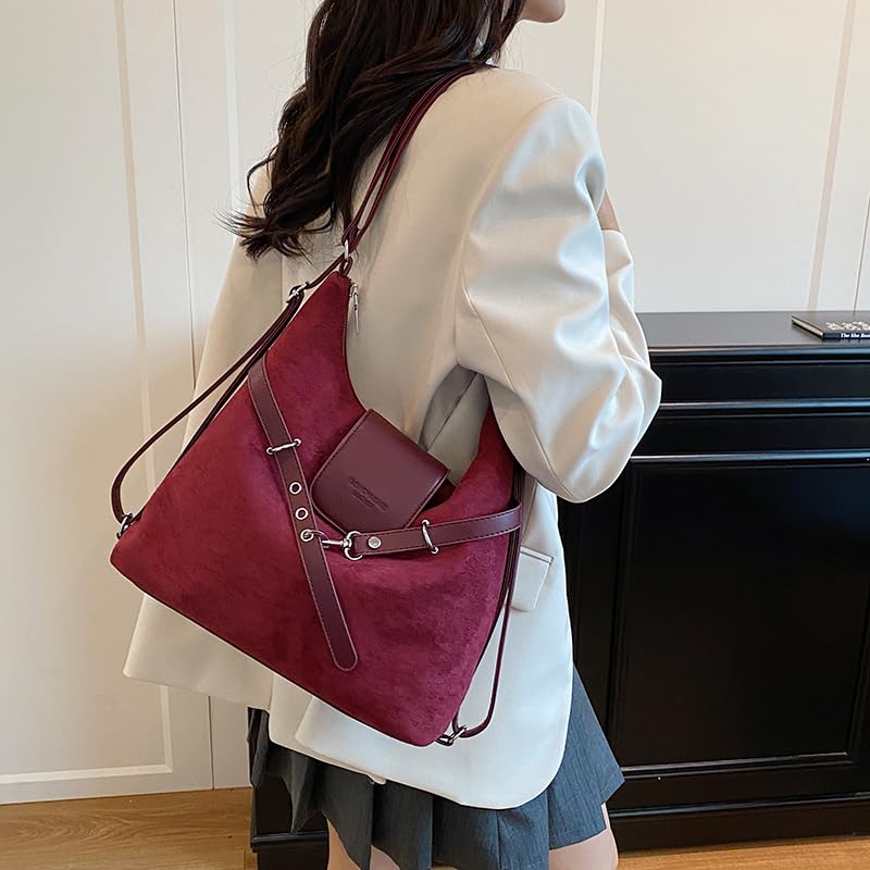 Faux Suede Hobo Bag, Convertible Strap Shoulder Tote, Vintage Brown Purse with Decorative Belt, Elegant Fall&Winter Handbag4