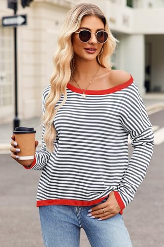 Sherosa Womens Long Sleeve Striped Sweaters 2024 Trendy Crewneck Color Block Shirts High Low Fall Tops Fashion Outfits2