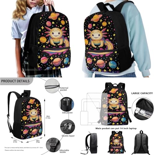 Talayituse Axolotl Star Planet Print Backpack Sets for Kids 4 in 1 Primary Schoolbag Lunch Bag + Pencil Case + Water Bottle Sleeve, Durable Bookbag Travel Daypack School Bag for Girls Boys2