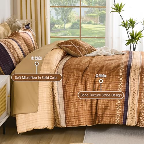 Image of Dintszyayue Boho King Comforter Size Set, 8 Pieces Striped Texture Gold Purple Bed in a Bag Sets, Lightweight Soft Bohemian Comforter and Sheet Set, All Season Microfiber Bedding Sets for Men Women