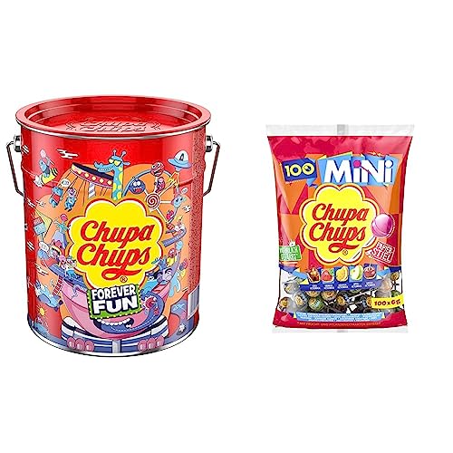 Chupa Chups Best of Lollipop-Eimer, enthält 150 Lutscher in 6 Geschmacksrichtungen in der Pop-Art Metall-Dose & Mini Classic Lutscher-Beutel, enthält 100 Mini-Lollis in den 5 Geschmacksrichtungen Cola