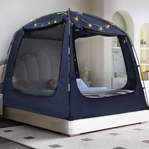 RIYDH Bed Tent Bed Canopy Breathable 100% for Adult and Kids Light Reduction Sleeping Dream Tents Indoor Portable Big Space with String Light 4 Doors Twin Full Queen King Size