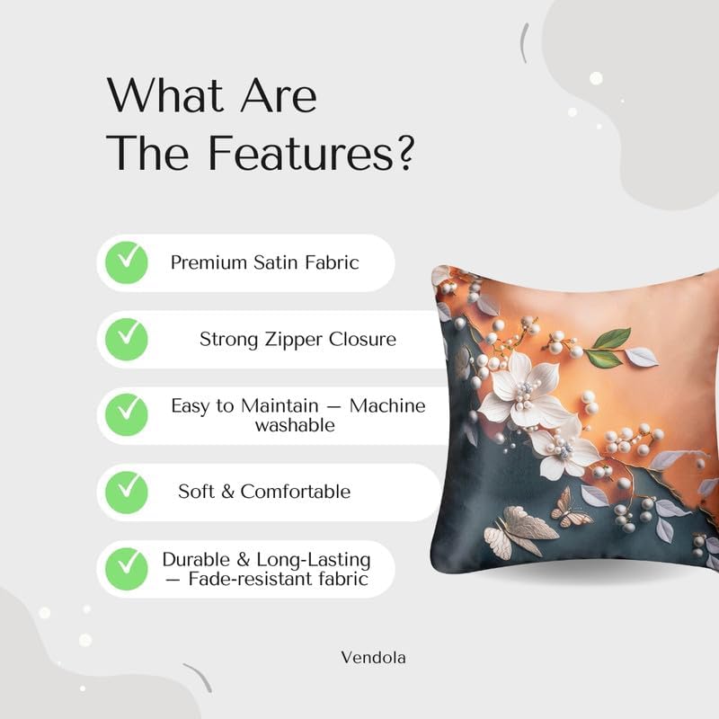 Image of Decorative Satin Sofa Cushion Covers Set of 5, 16 x 16 Inches, Multicolor Floral Printed Pillow Covers for Living Room, Bedroom, Couch & Sofa, Soft Glossy Fabric, Zipper Closure
