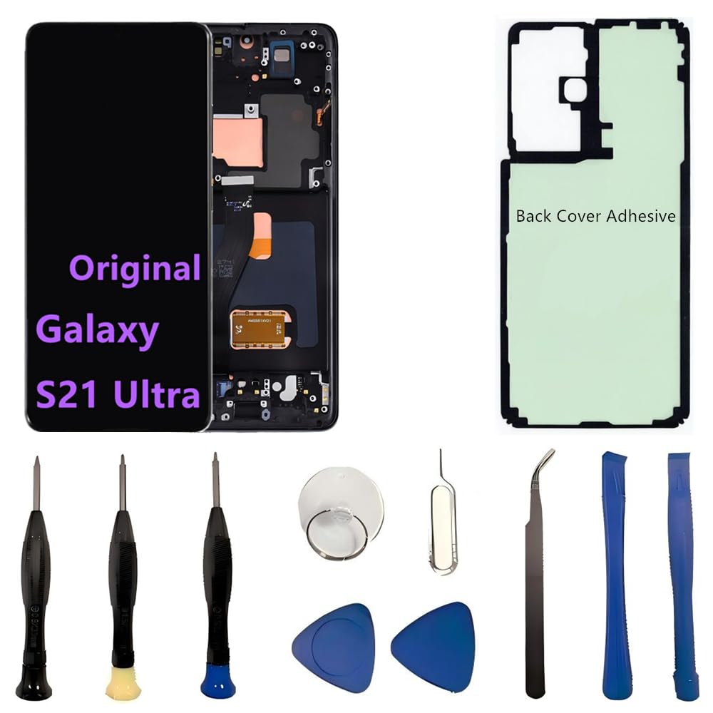 Original 6.8" AMOLED Display for Samsung Galaxy S21 Ultra Screen Replacement OEM S21Ultra 5G SM-S998U SM-S998U1 Display Touch Screen Digitizer Assembly (with Black Frame+Back Cover Adhesive+Tools)
