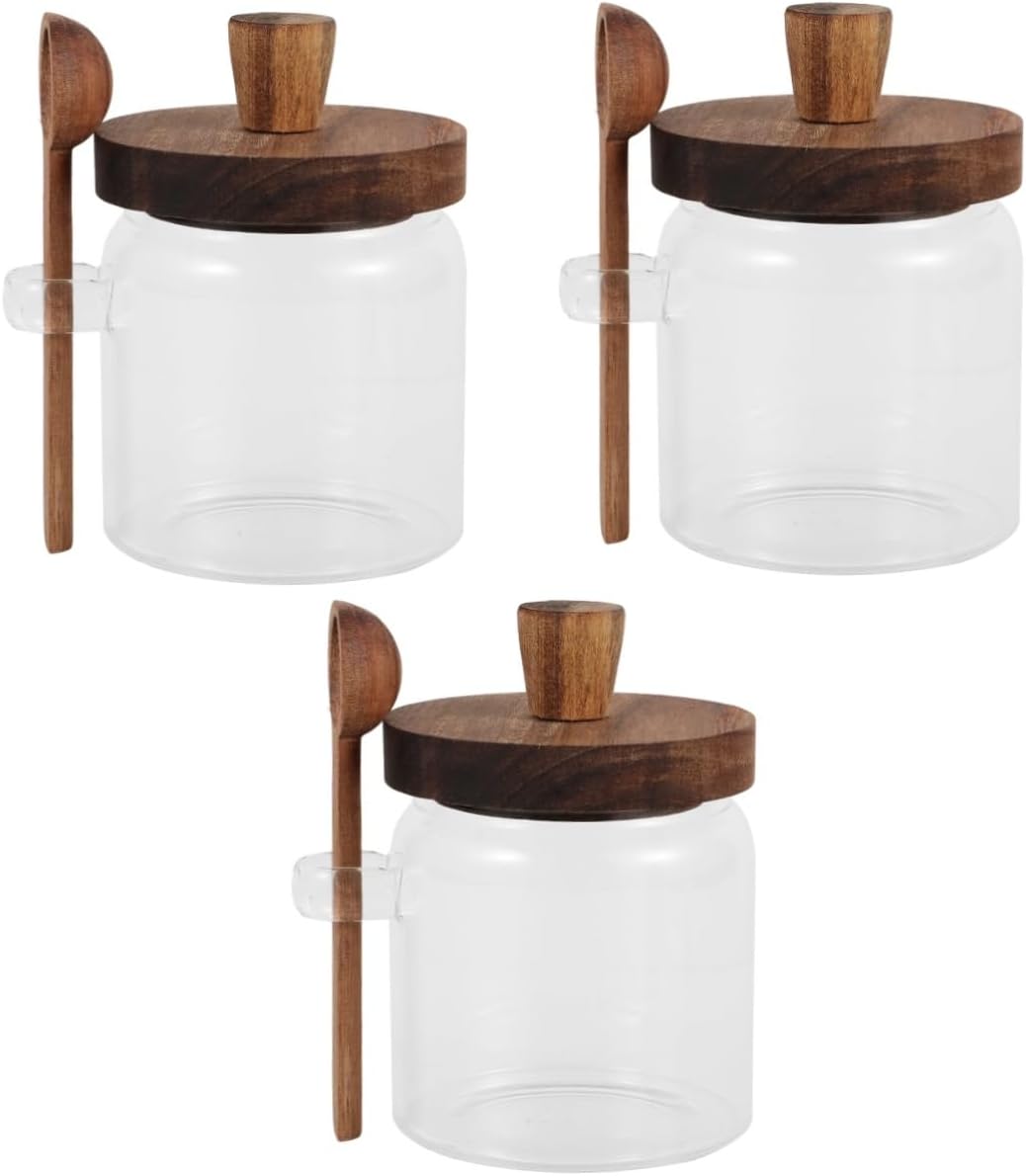 Unomor 3pcs Airtight Glass Spice Canister Condiment Jar Lid and Spoon for Kitchen