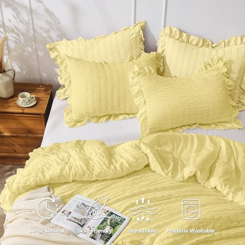 Image of JOLLYVOGUE Light Yellow Twin /Twin XL Comforter Set, 2 Pieces Seersucker Lightweight Fluffy Bedding Set, Twin Ruffle Comforter, All Season Soft Microfiber Shabby Chic Bed Set