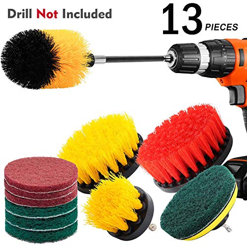 KNGUVTH 13 Piece Drill Brush Attachments Set, Power Scrubber Brush Cleaning Kit with Scrub Pads & Drill bit Extender - Cleaning Supplies for Bathroom, Grout, Floor, Tub, Tiles, Sinks, Kitchen, Car