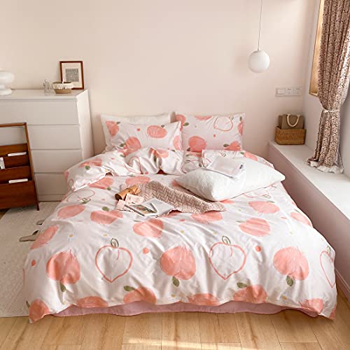 Liwhenhao Peach 100% Cotton Duvet Cover Set Twin Cartoon Peaches Apple Tropical Fruit Pink Bedding 1 Peach Pattern Print Comforter Cover 2 Pillowcases For Kids Girls Boys Teens #TOP6