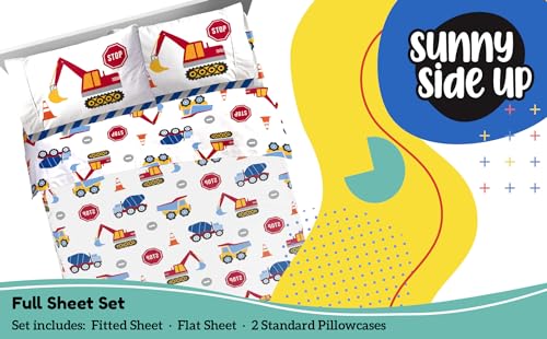 Image of Sunny Side Up Construction Zone Full Sheet Set - 4 Piece Kids Bedding Set Includes Pillow Cover - Super Soft Trucks Microfiber Sheets