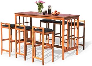 Tangkula 7-PCS Patio Bar Set, Outdoor Wooden Dining Table Set with 6 stools