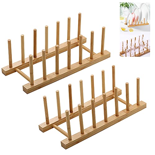 DOULEIN Escurridor de Platos de bambú 2 Pzs Soporte para Platos de Bambú, Estante de Platos de Bambú, Soporte de Almacenamiento para Encimera de Cocina