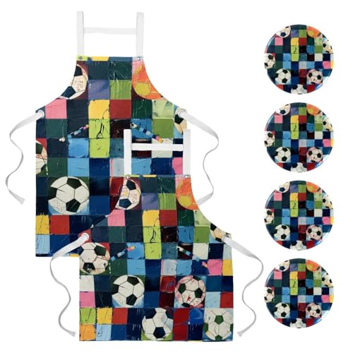 Lot de 2 tabliers de cuisine et de serveuse à motif football coloré pour le nettoyage et bar